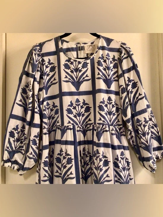 SZ Block Prints /Orti Blue and White Cotton Floral Midi Dress - Sz L - Picture 6 of 12